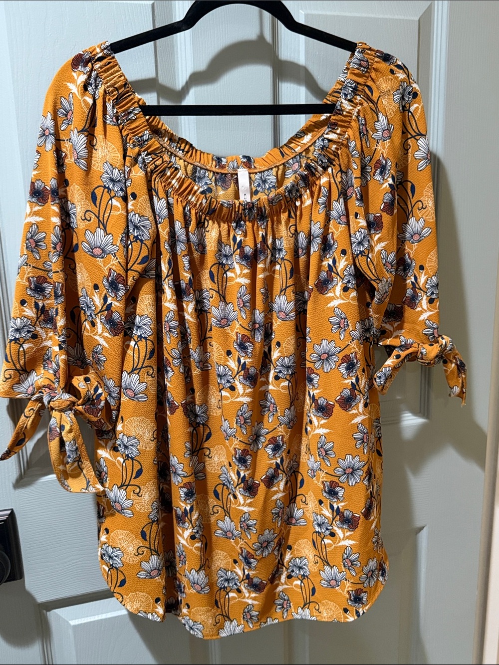 Gilli Mustard Floral Off-Shoulder Tie-Sleeve Blouse